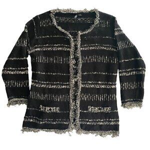 Ethyl Women Sweater Open Cardigan Fringe Trim Long Sleeve Black White Size Small